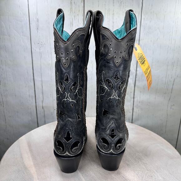 CORRAL Womens Tall Cowboy Boots 9 M Black Studded Overlay Crystal Boot C3934 NWT - Picture 8 of 13